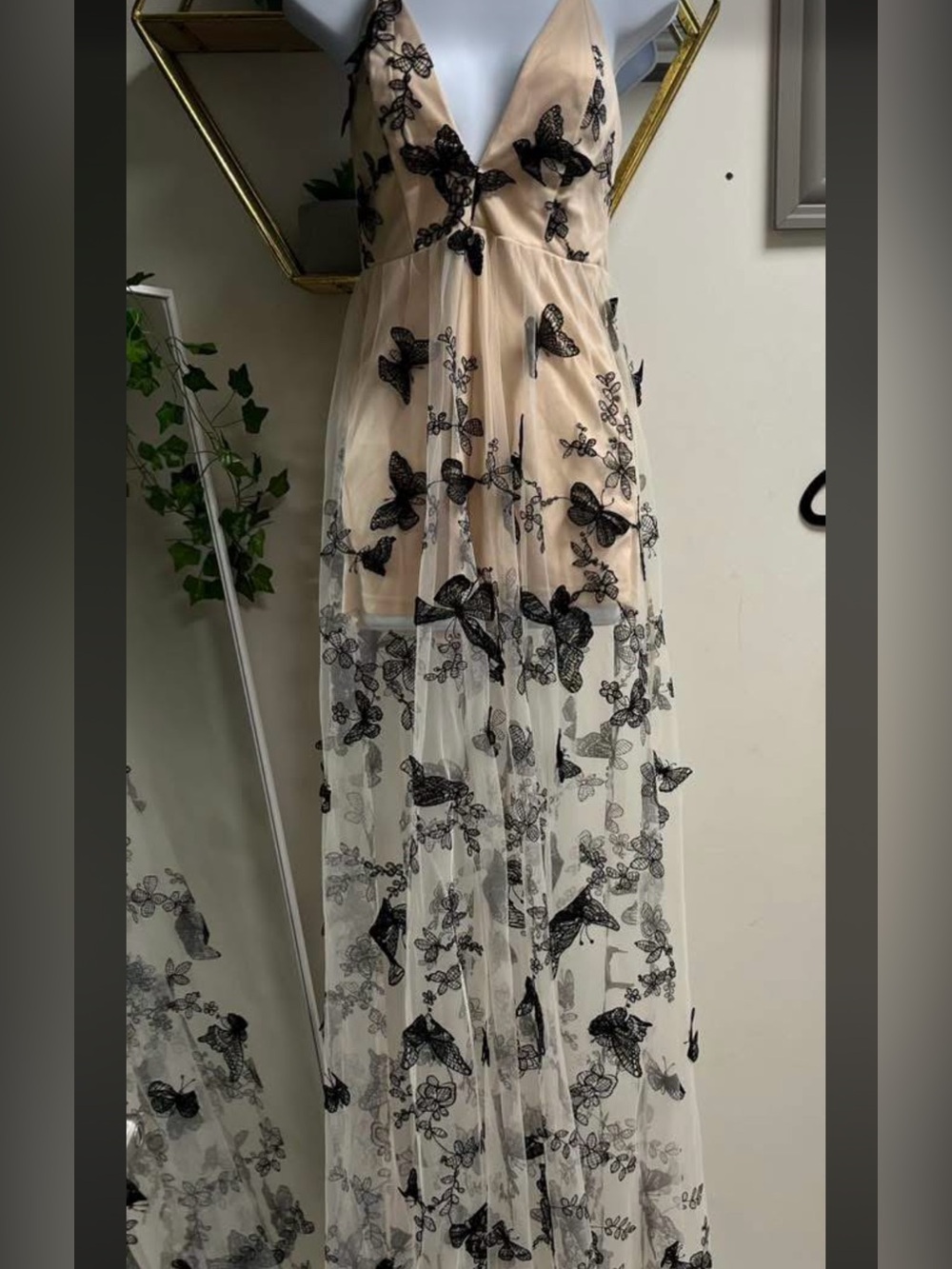 Sheer Butterfly Embroidered Cream Dress with Black Detail NWT Size M